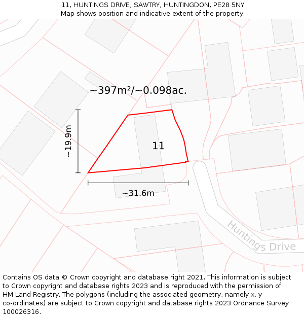 11, HUNTINGS DRIVE, SAWTRY, HUNTINGDON, PE28 5NY: Plot and title map