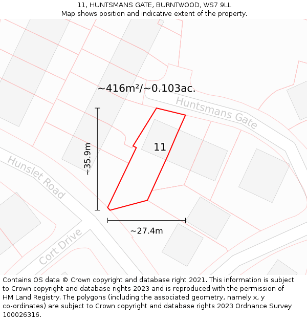 11, HUNTSMANS GATE, BURNTWOOD, WS7 9LL: Plot and title map