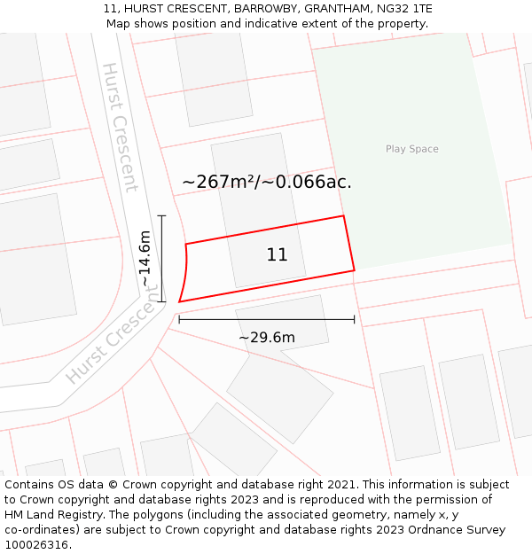 11, HURST CRESCENT, BARROWBY, GRANTHAM, NG32 1TE: Plot and title map