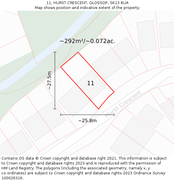 11, HURST CRESCENT, GLOSSOP, SK13 8UA: Plot and title map