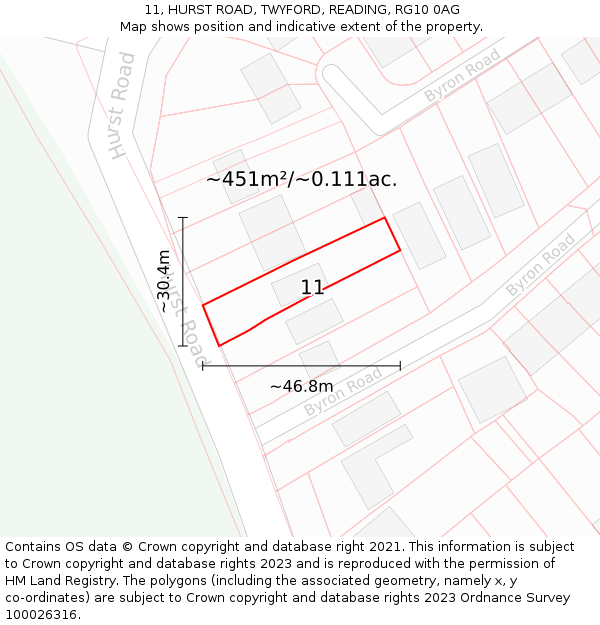 11, HURST ROAD, TWYFORD, READING, RG10 0AG: Plot and title map