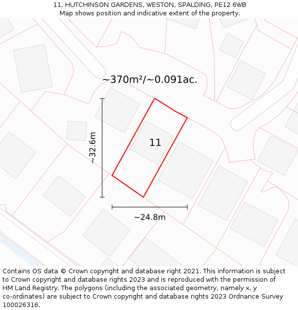 11, HUTCHINSON GARDENS, WESTON, SPALDING, PE12 6WB: Plot and title map