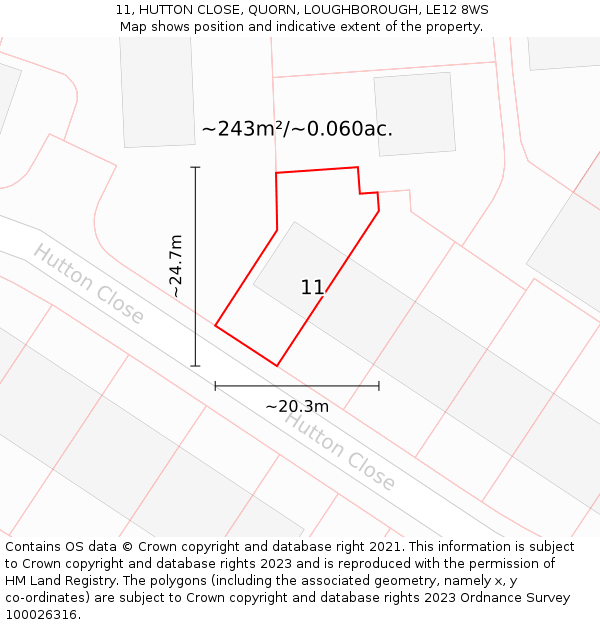 11, HUTTON CLOSE, QUORN, LOUGHBOROUGH, LE12 8WS: Plot and title map