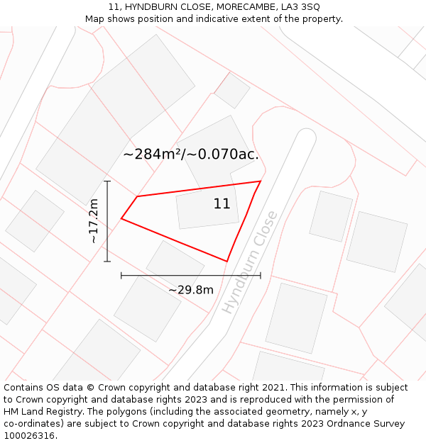 11, HYNDBURN CLOSE, MORECAMBE, LA3 3SQ: Plot and title map