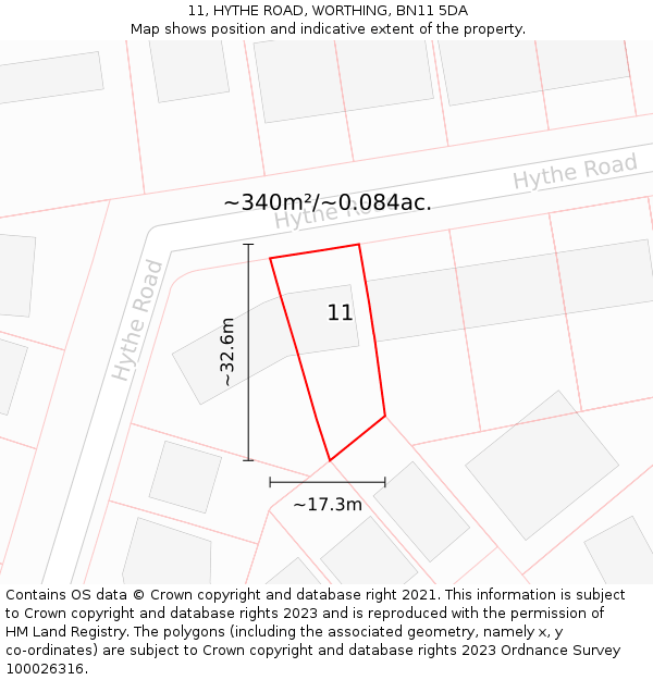11, HYTHE ROAD, WORTHING, BN11 5DA: Plot and title map