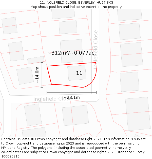 11, INGLEFIELD CLOSE, BEVERLEY, HU17 8XG: Plot and title map