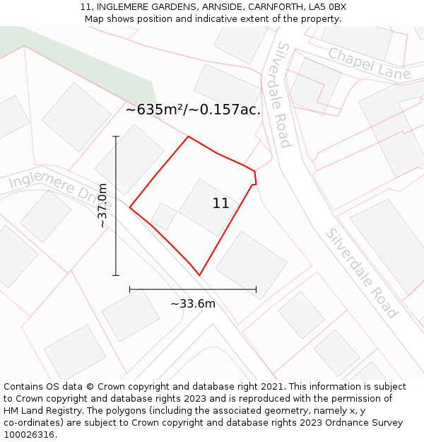 11, INGLEMERE GARDENS, ARNSIDE, CARNFORTH, LA5 0BX: Plot and title map