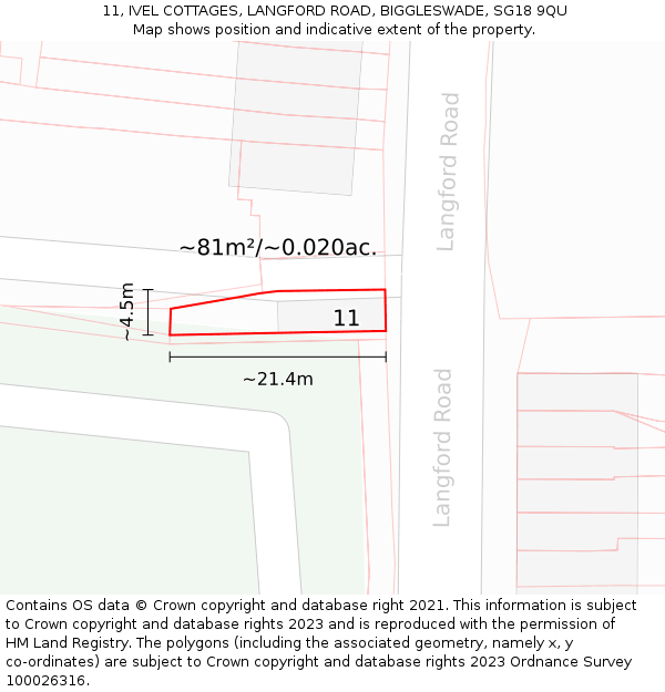 11, IVEL COTTAGES, LANGFORD ROAD, BIGGLESWADE, SG18 9QU: Plot and title map