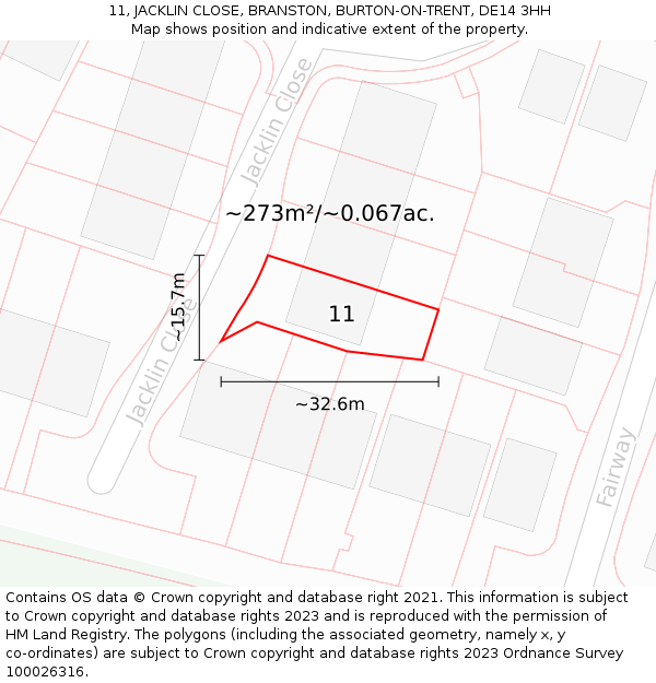 11, JACKLIN CLOSE, BRANSTON, BURTON-ON-TRENT, DE14 3HH: Plot and title map