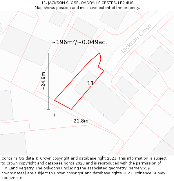 11, JACKSON CLOSE, OADBY, LEICESTER, LE2 4US: Plot and title map