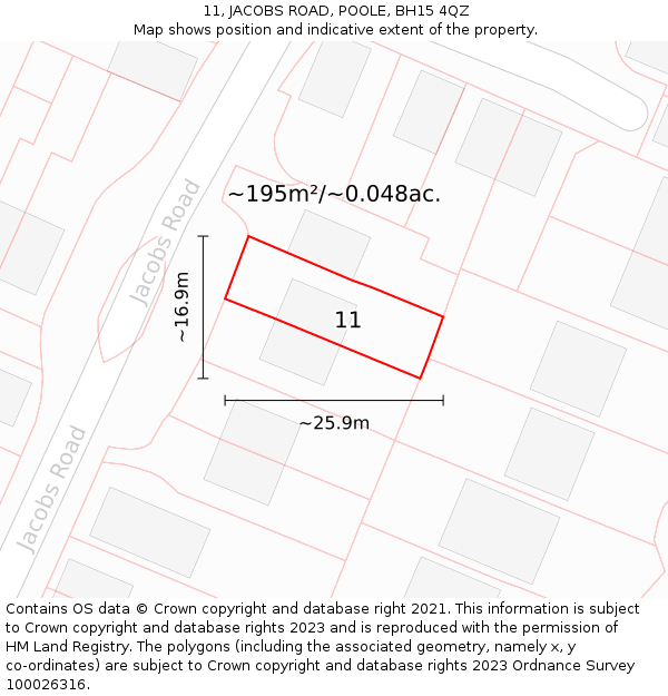 11, JACOBS ROAD, POOLE, BH15 4QZ: Plot and title map