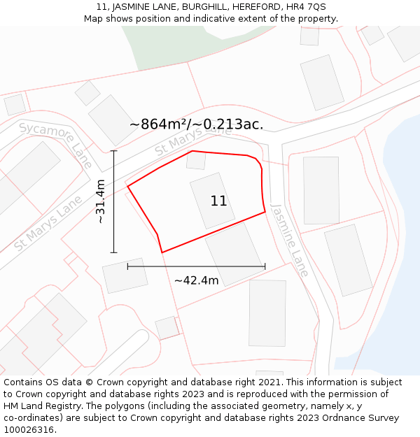 11, JASMINE LANE, BURGHILL, HEREFORD, HR4 7QS: Plot and title map