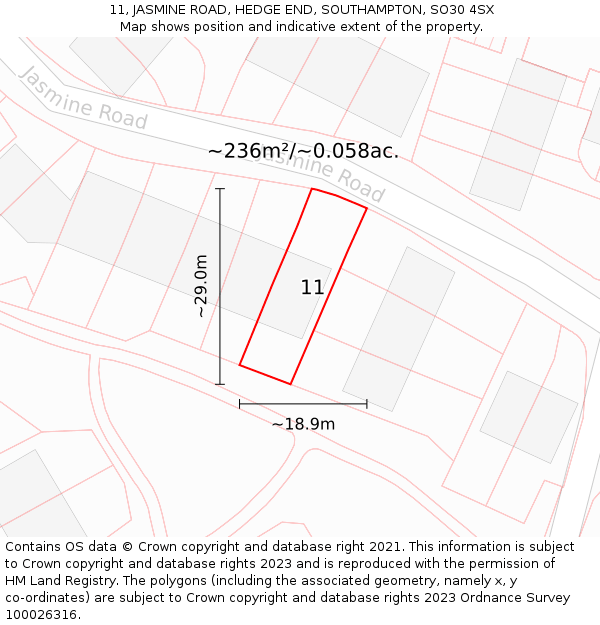 11, JASMINE ROAD, HEDGE END, SOUTHAMPTON, SO30 4SX: Plot and title map