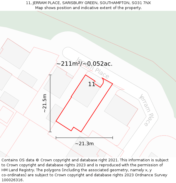 11, JERRAM PLACE, SARISBURY GREEN, SOUTHAMPTON, SO31 7NX: Plot and title map