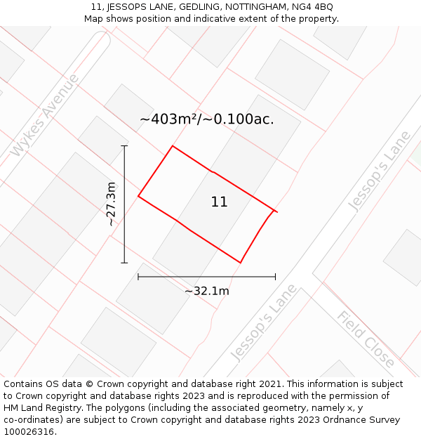 11, JESSOPS LANE, GEDLING, NOTTINGHAM, NG4 4BQ: Plot and title map