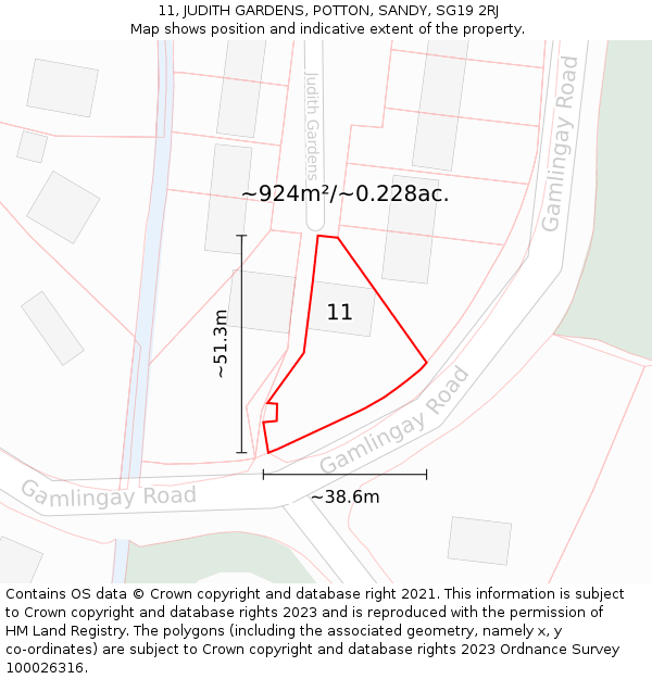 11, JUDITH GARDENS, POTTON, SANDY, SG19 2RJ: Plot and title map