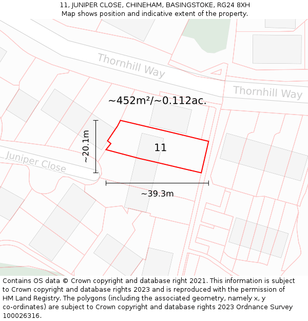 11, JUNIPER CLOSE, CHINEHAM, BASINGSTOKE, RG24 8XH: Plot and title map