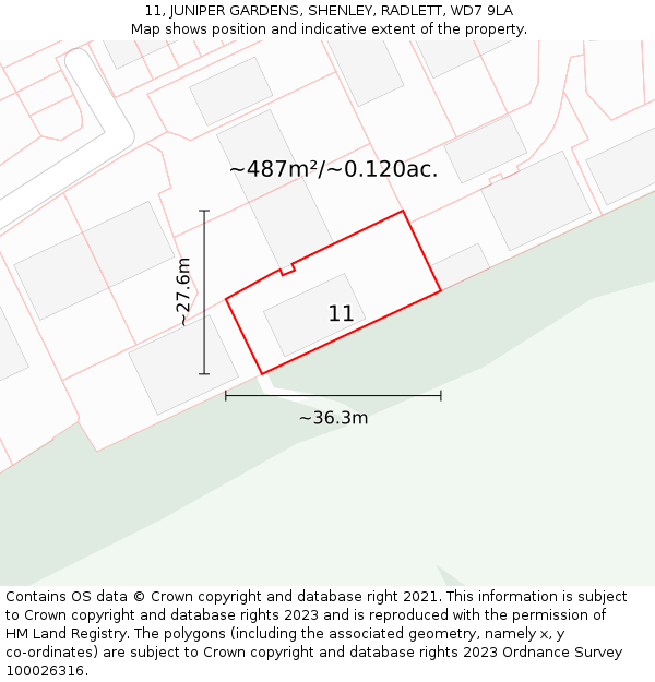 11, JUNIPER GARDENS, SHENLEY, RADLETT, WD7 9LA: Plot and title map
