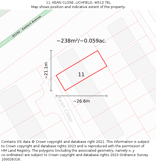 11, KEAN CLOSE, LICHFIELD, WS13 7EL: Plot and title map