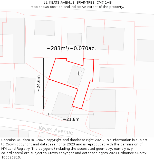 11, KEATS AVENUE, BRAINTREE, CM7 1HB: Plot and title map