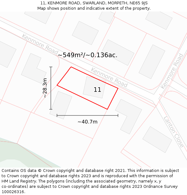 11, KENMORE ROAD, SWARLAND, MORPETH, NE65 9JS: Plot and title map