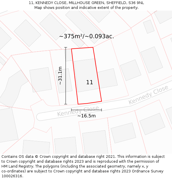 11, KENNEDY CLOSE, MILLHOUSE GREEN, SHEFFIELD, S36 9NL: Plot and title map