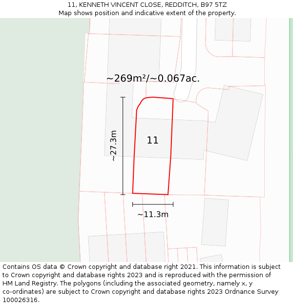 11, KENNETH VINCENT CLOSE, REDDITCH, B97 5TZ: Plot and title map