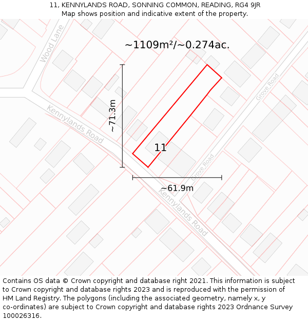 11, KENNYLANDS ROAD, SONNING COMMON, READING, RG4 9JR: Plot and title map