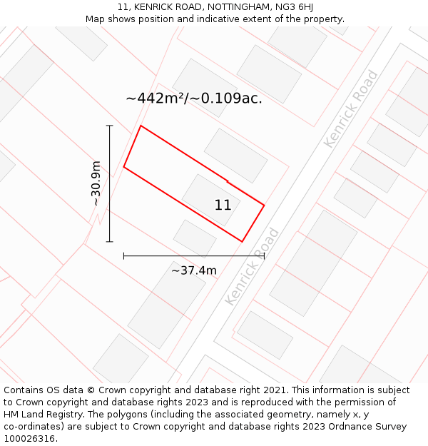 11, KENRICK ROAD, NOTTINGHAM, NG3 6HJ: Plot and title map