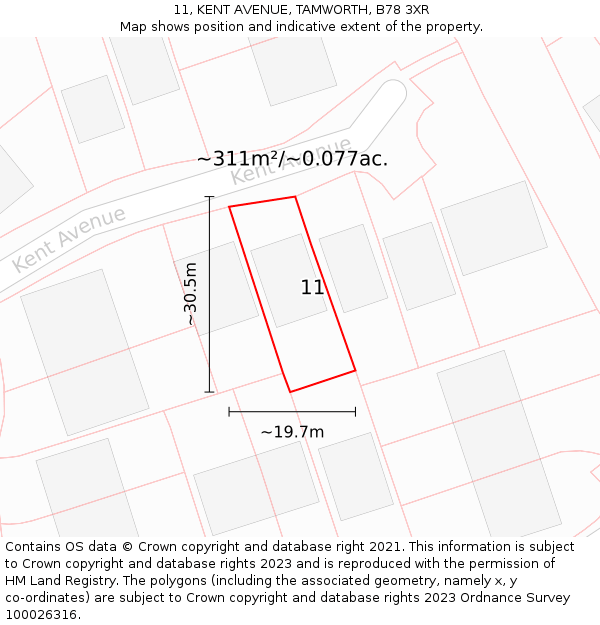 11, KENT AVENUE, TAMWORTH, B78 3XR: Plot and title map