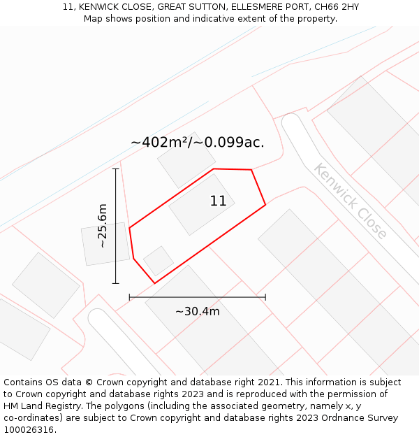 11, KENWICK CLOSE, GREAT SUTTON, ELLESMERE PORT, CH66 2HY: Plot and title map