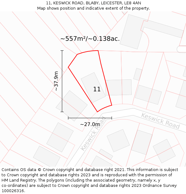 11, KESWICK ROAD, BLABY, LEICESTER, LE8 4AN: Plot and title map