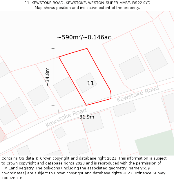 11, KEWSTOKE ROAD, KEWSTOKE, WESTON-SUPER-MARE, BS22 9YD: Plot and title map