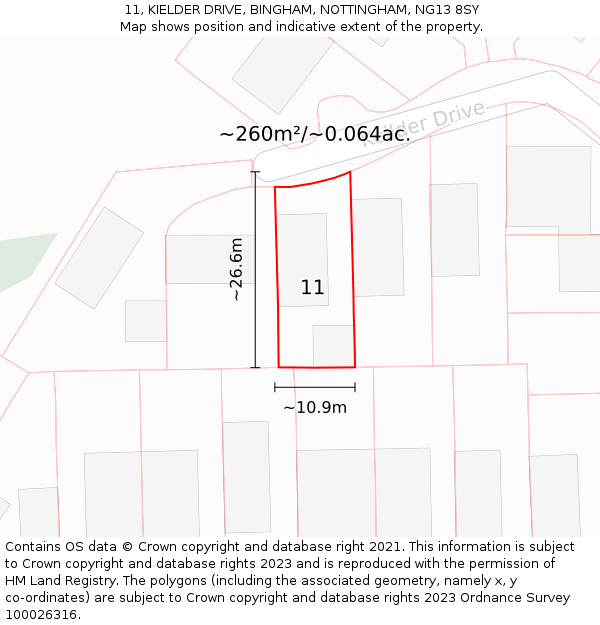 11, KIELDER DRIVE, BINGHAM, NOTTINGHAM, NG13 8SY: Plot and title map