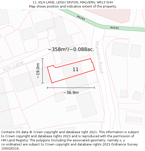 11, KILN LANE, LEIGH SINTON, MALVERN, WR13 5HH: Plot and title map