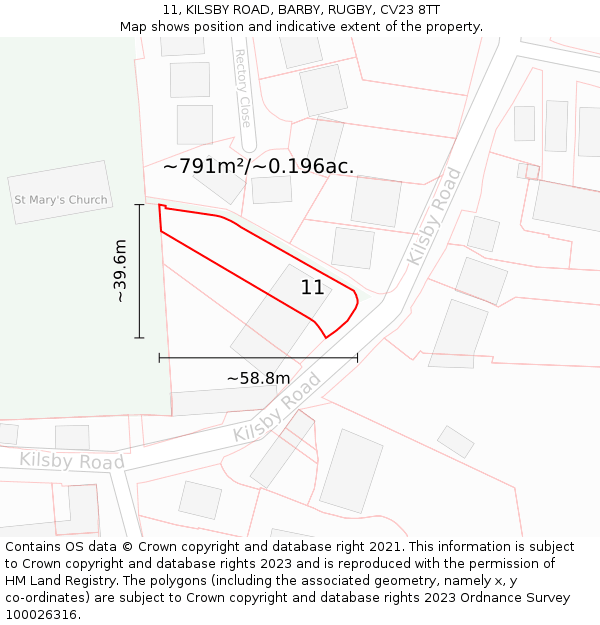 11, KILSBY ROAD, BARBY, RUGBY, CV23 8TT: Plot and title map