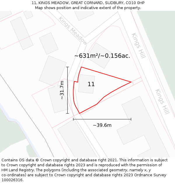 11, KINGS MEADOW, GREAT CORNARD, SUDBURY, CO10 0HP: Plot and title map