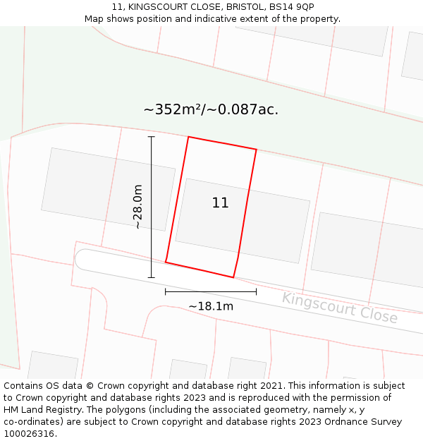 11, KINGSCOURT CLOSE, BRISTOL, BS14 9QP: Plot and title map