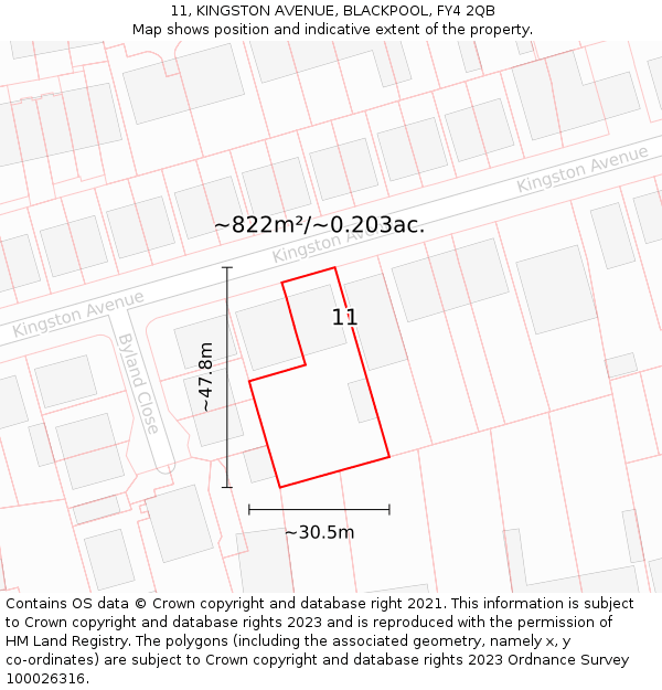 11, KINGSTON AVENUE, BLACKPOOL, FY4 2QB: Plot and title map