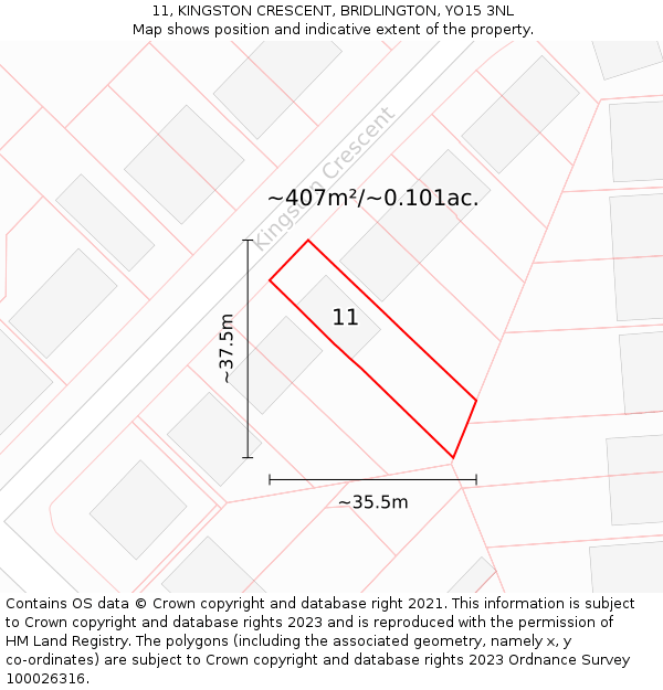 11, KINGSTON CRESCENT, BRIDLINGTON, YO15 3NL: Plot and title map