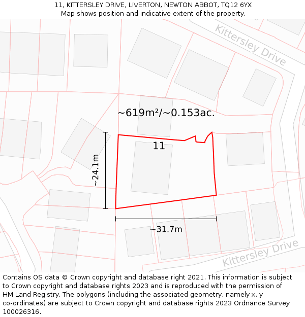 11, KITTERSLEY DRIVE, LIVERTON, NEWTON ABBOT, TQ12 6YX: Plot and title map