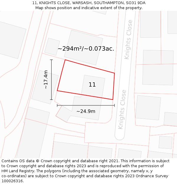 11, KNIGHTS CLOSE, WARSASH, SOUTHAMPTON, SO31 9DA: Plot and title map