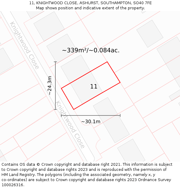 11, KNIGHTWOOD CLOSE, ASHURST, SOUTHAMPTON, SO40 7FE: Plot and title map