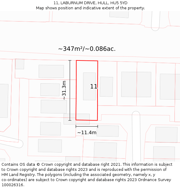 11, LABURNUM DRIVE, HULL, HU5 5YD: Plot and title map