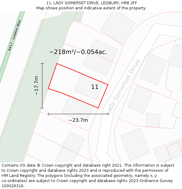 11, LADY SOMERSET DRIVE, LEDBURY, HR8 2FF: Plot and title map