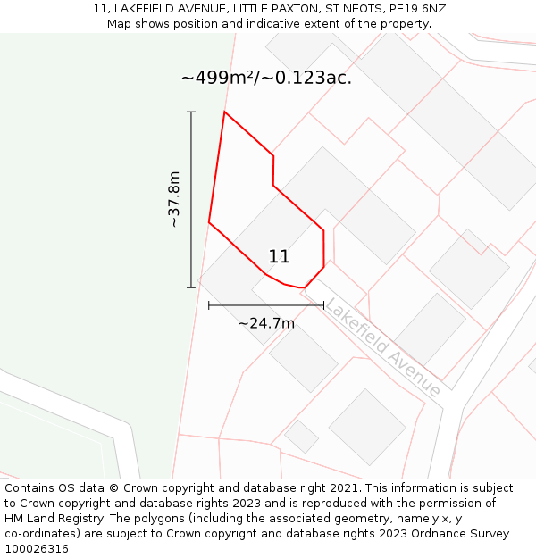 11, LAKEFIELD AVENUE, LITTLE PAXTON, ST NEOTS, PE19 6NZ: Plot and title map