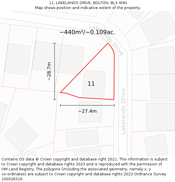 11, LAKELANDS DRIVE, BOLTON, BL3 4NN: Plot and title map