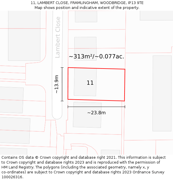 11, LAMBERT CLOSE, FRAMLINGHAM, WOODBRIDGE, IP13 9TE: Plot and title map