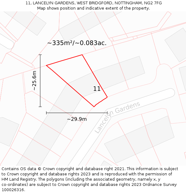 11, LANCELYN GARDENS, WEST BRIDGFORD, NOTTINGHAM, NG2 7FG: Plot and title map