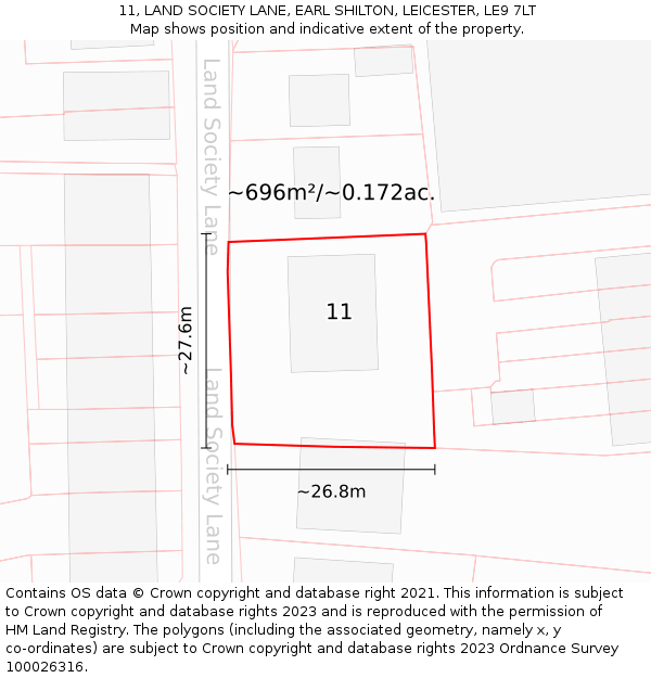 11, LAND SOCIETY LANE, EARL SHILTON, LEICESTER, LE9 7LT: Plot and title map